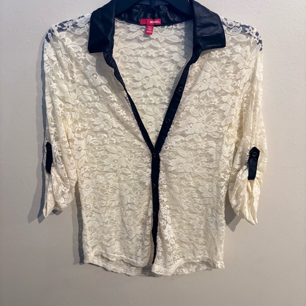 BCX Women's Lace Button-Up Top - Black and Cream